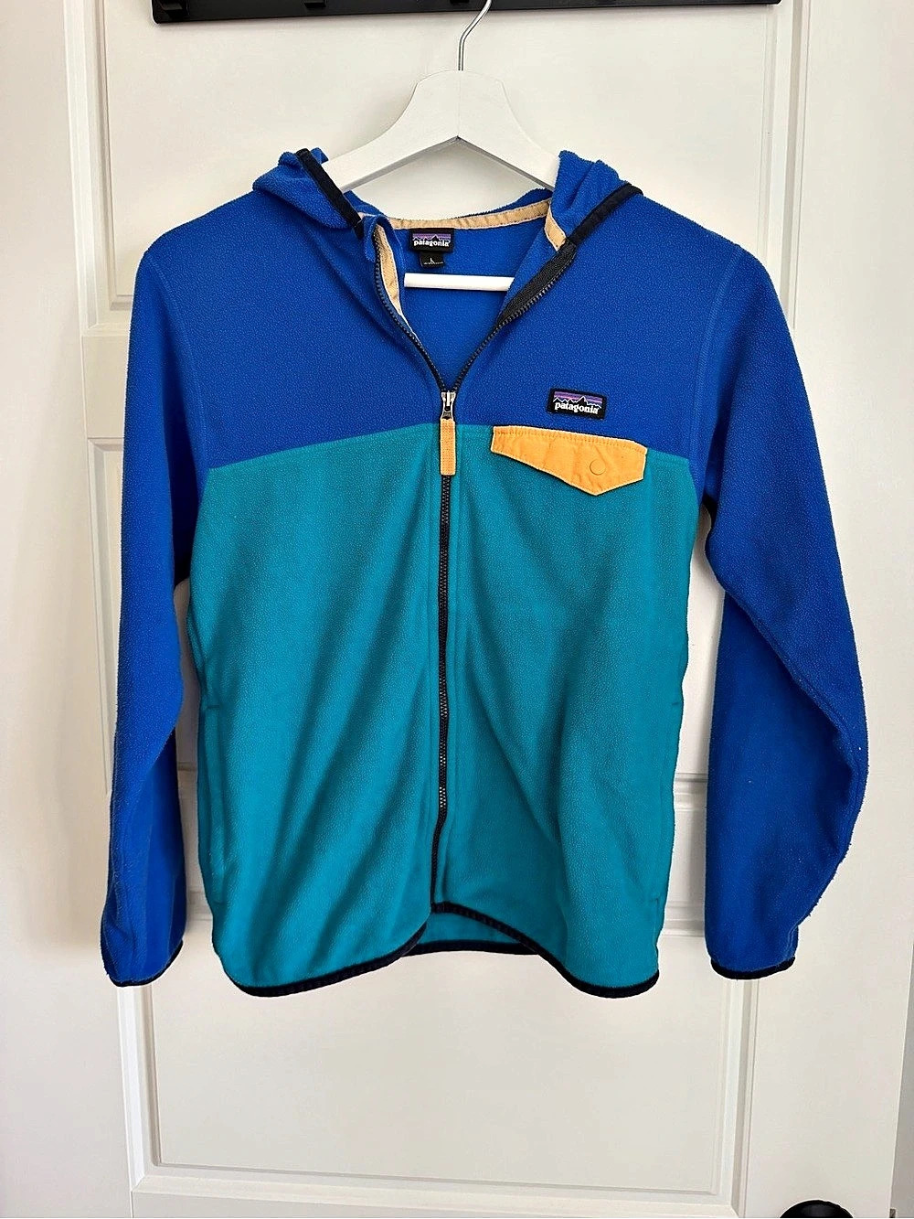 Patagonia Colour Block Synchilla Style Fleece Hoodie Blue & Green Kids Large